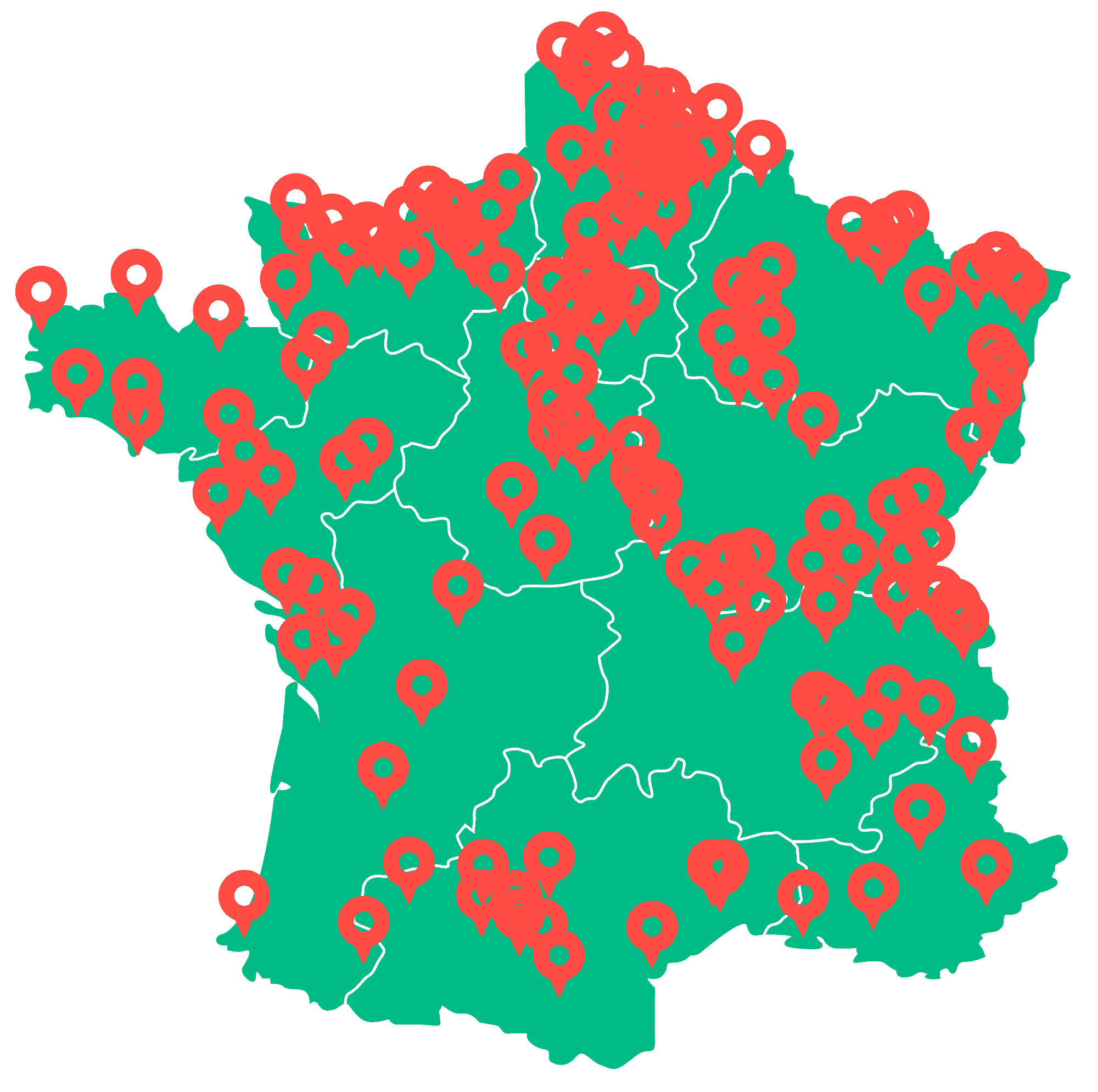 Carte de France avec l'ensemble des installations Le Casier Français placées dessus