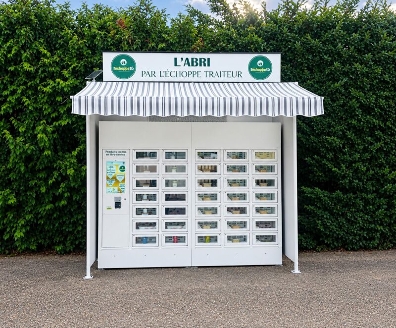 Des casiers automatiques alimentaires sous un abri vendent des plats traiteur